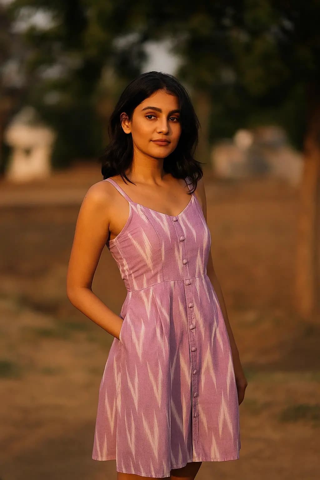 Lavender Ikat Printed Cotton A-line Dress