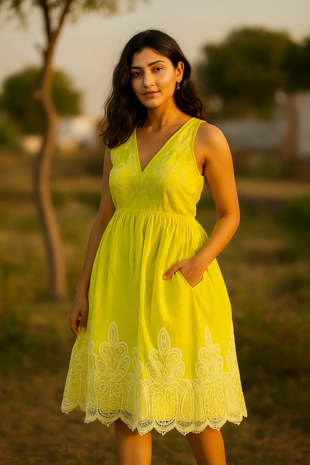 Lemon Green Cotton A-line Fusion Dress