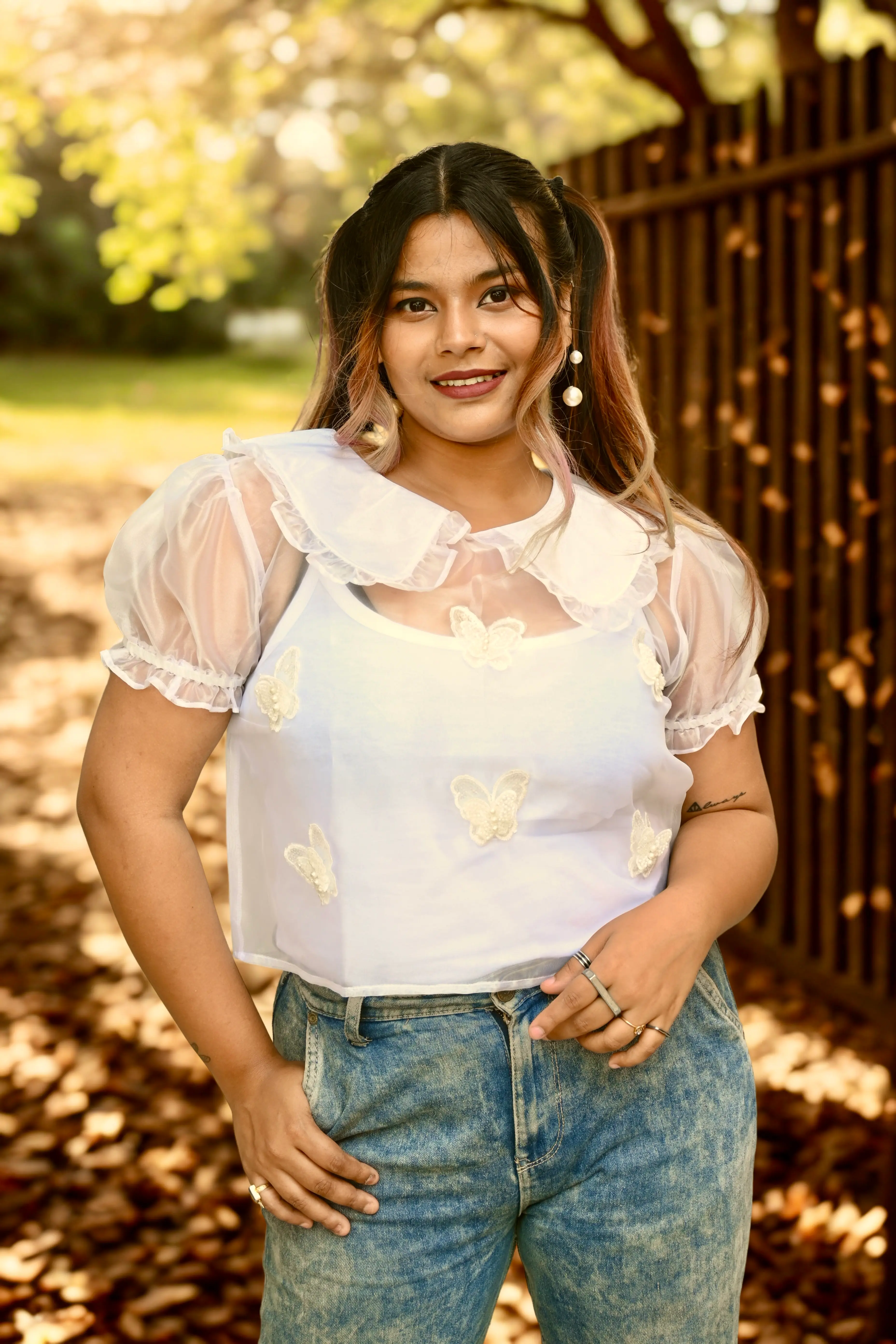 Organza Top with White Butterfly Patches