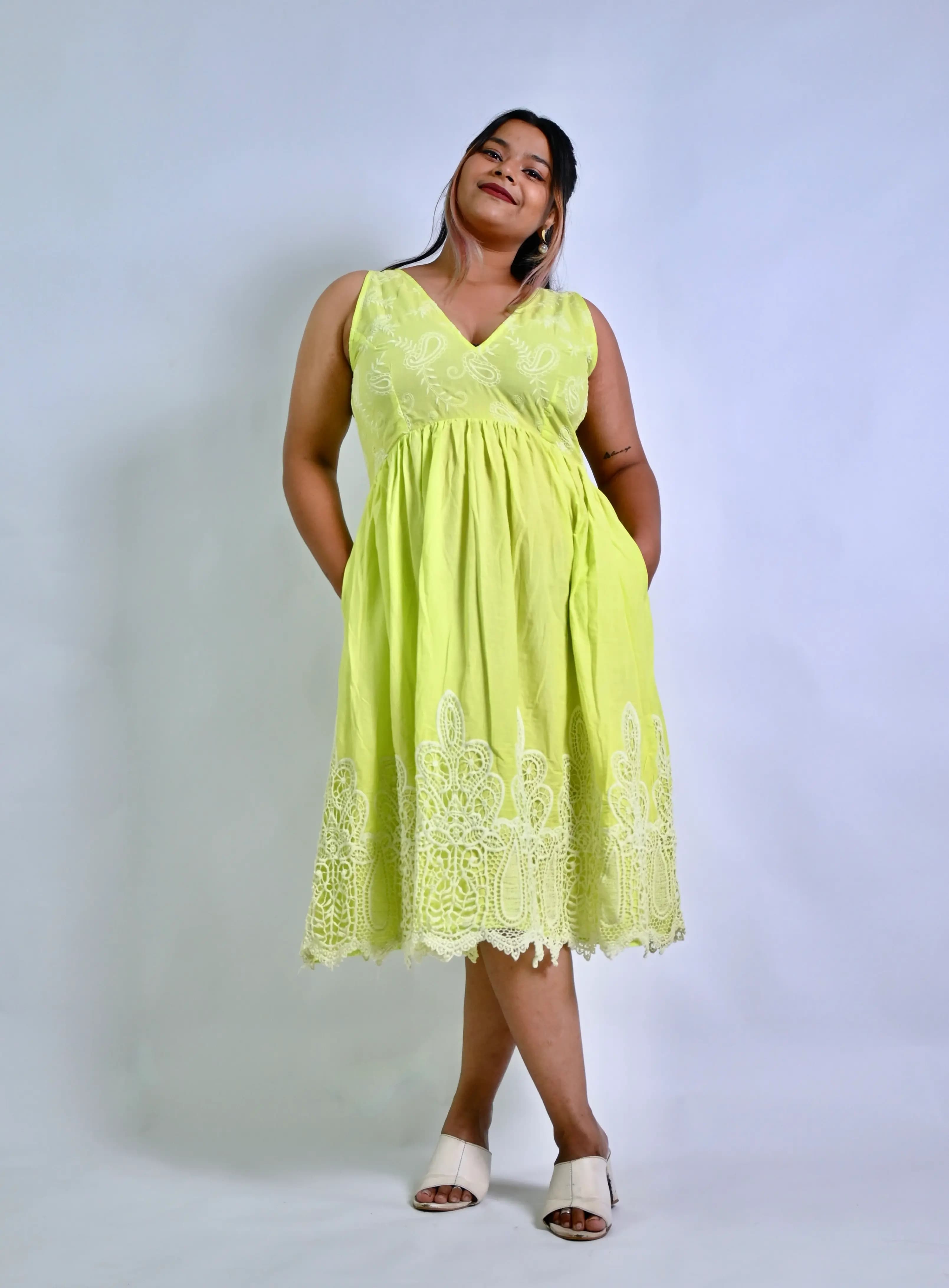 Lemon Green Cotton A-line Fusion Dress