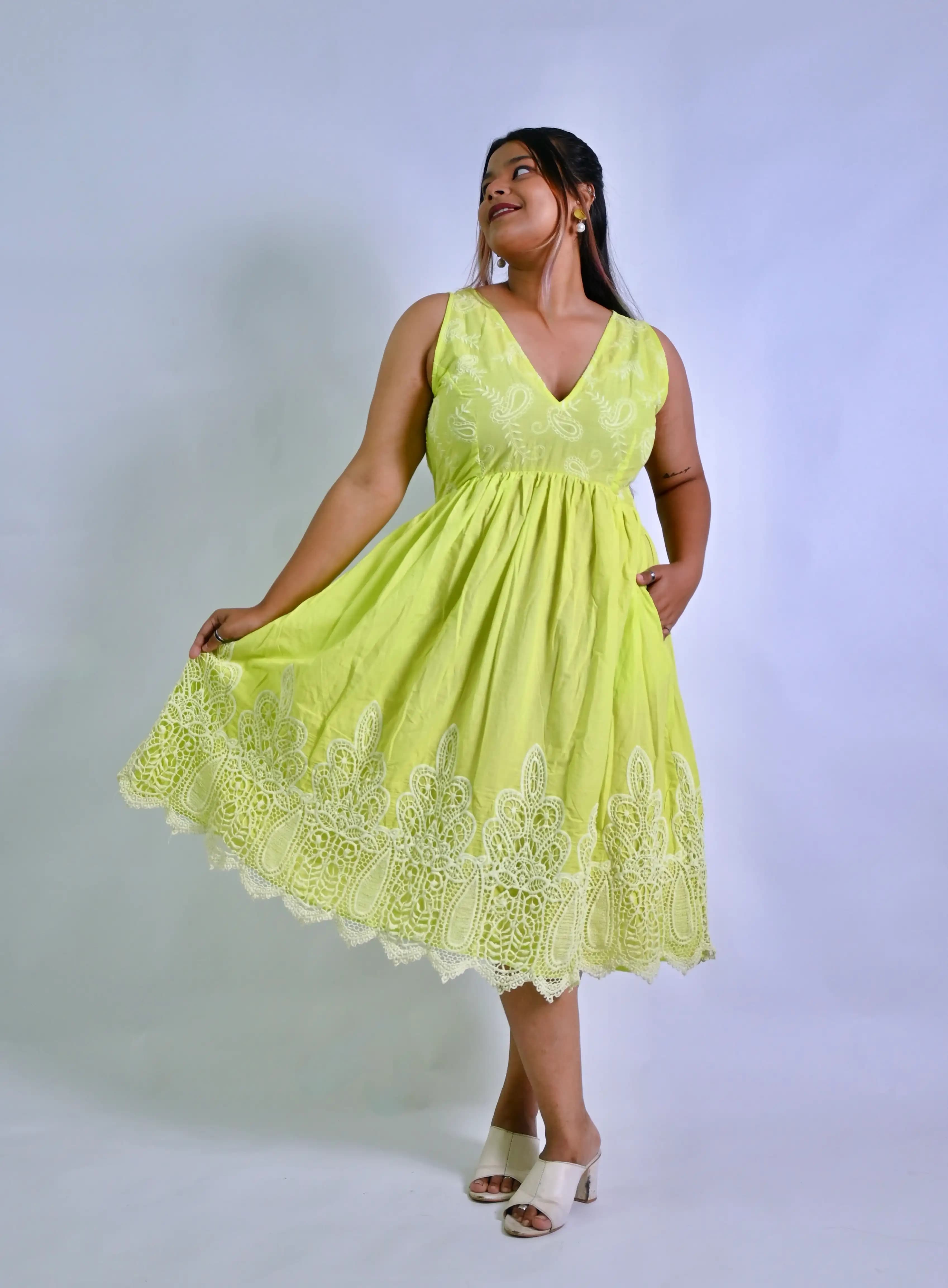 Lemon Green Cotton A-line Fusion Dress