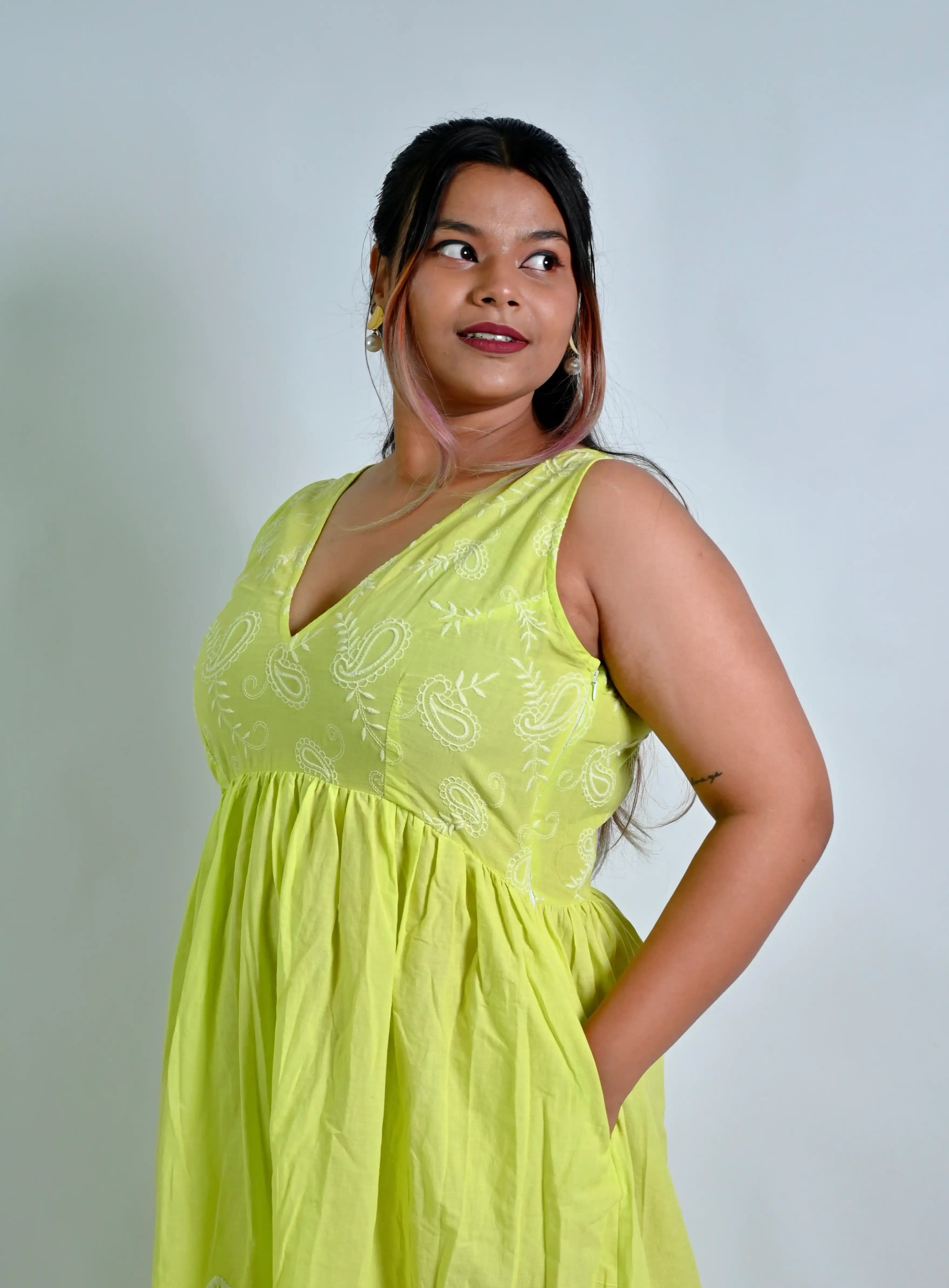 Lemon Green Cotton A-line Fusion Dress