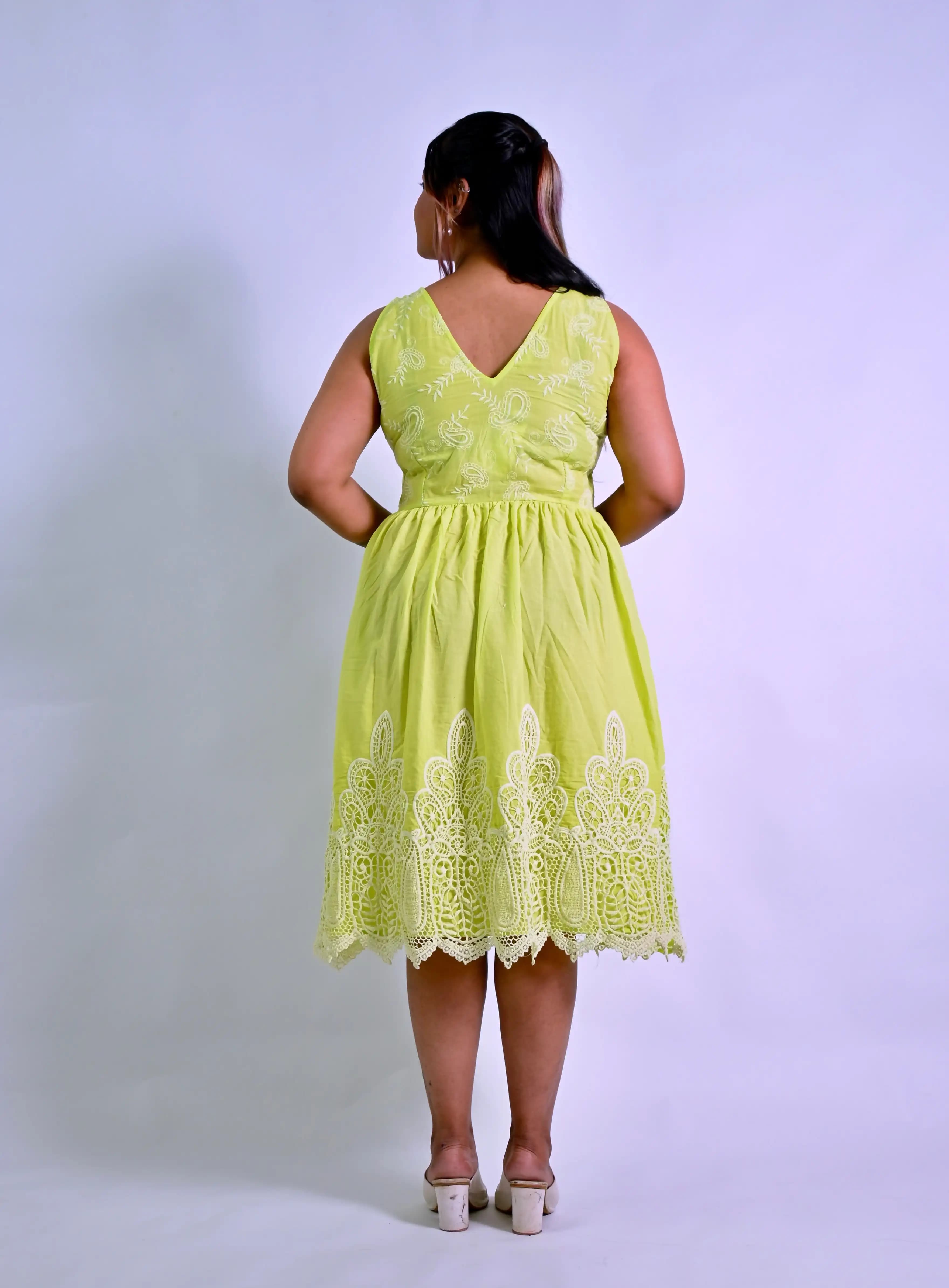 Lemon Green Cotton A-line Fusion Dress